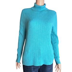 Talbots Cable Knit Cotton Blend Turtleneck Sweater Aqua XL Preppy Casual XL